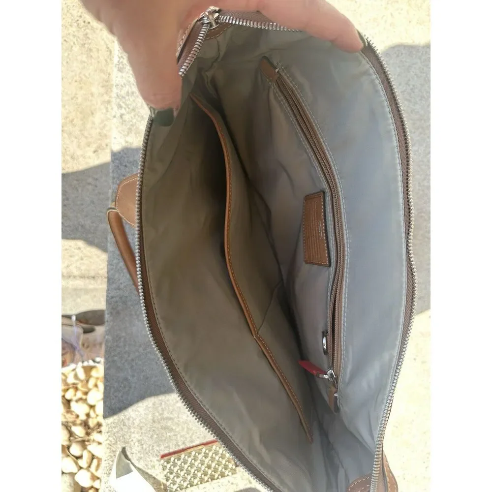 Tumi Tote Bag Tan Embossed Leather Purple Nylon Monogram Travel‎ Work Bag